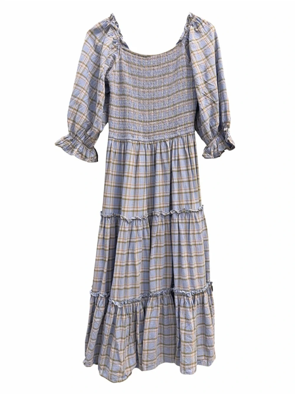 Ivy City Co Madeline Dress Light Blue Plaid Smocked Midi S